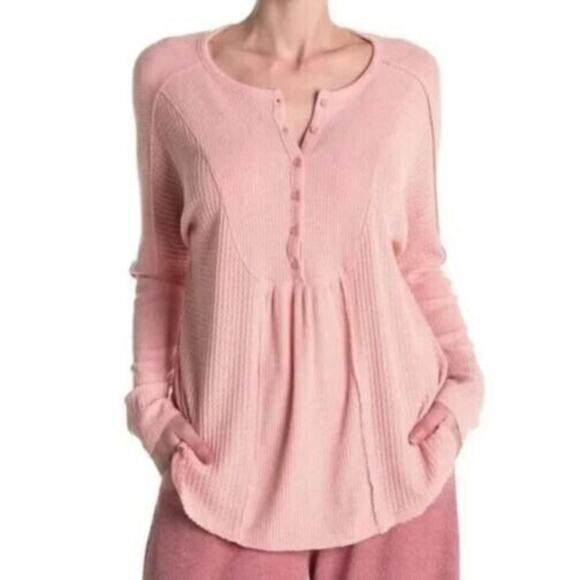 Gibsonlook Women's Mixed Ribbed Waffle Knit Henley Top In Blush Pink Medium $50 - Picture 1 of 5